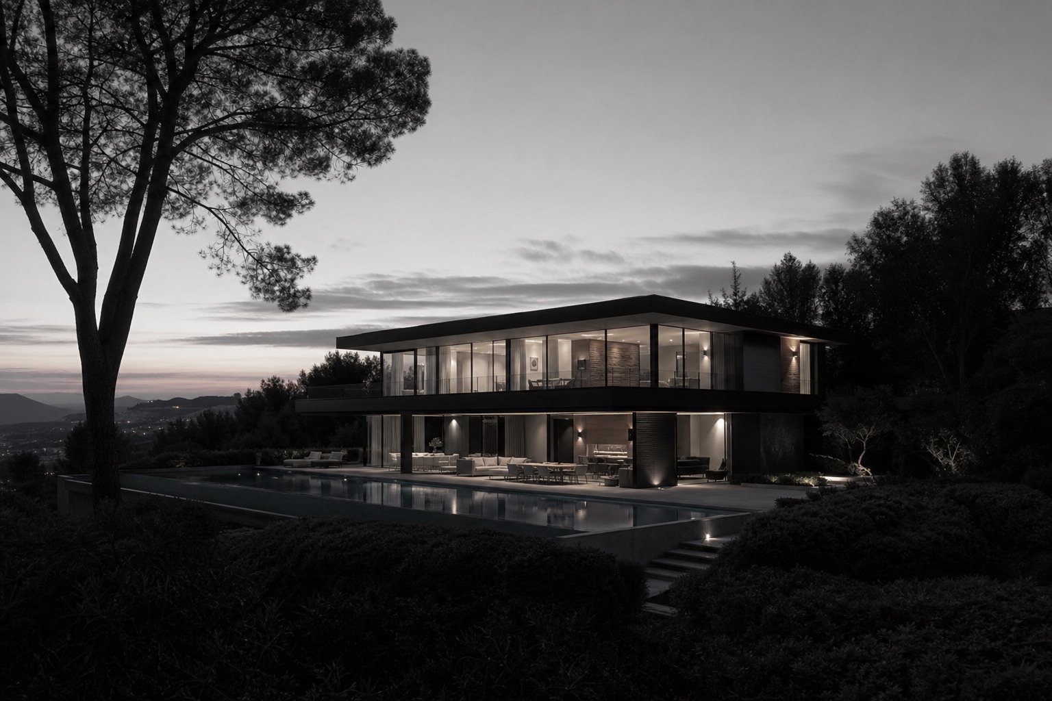 Moderne Villa mit Pool in der Abenddämmerung