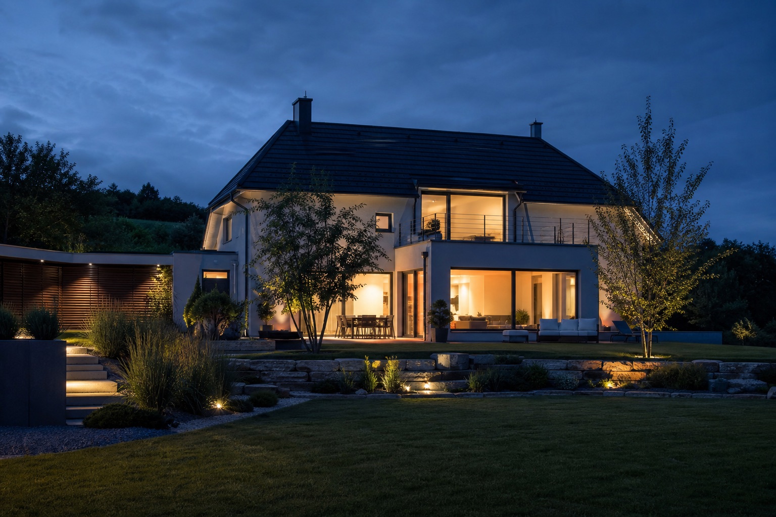 Beleuchtetes Einfamilienhaus mit Garten am Abend