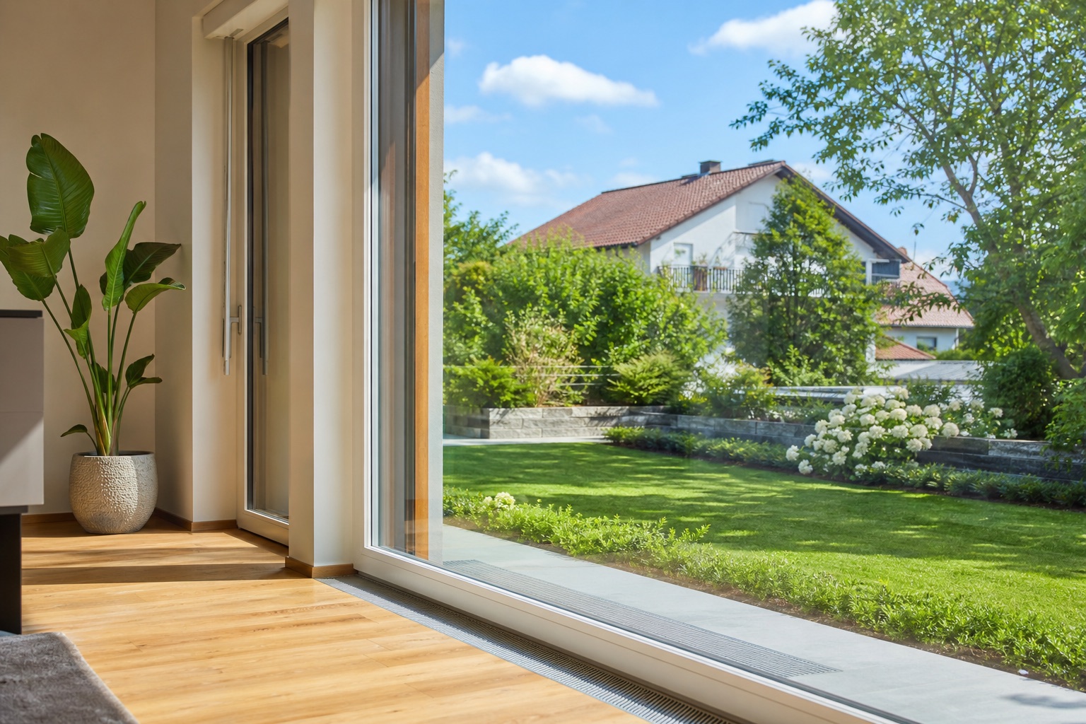 Heller Wohnraum mit Blick in den Garten